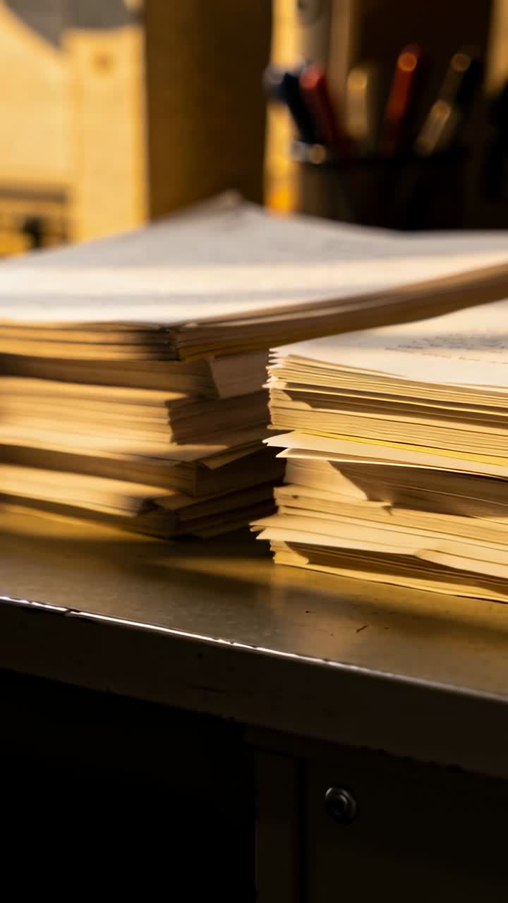 Vertical video: Camera pulling back, revealing two stacks of papers on desk to show pen cup