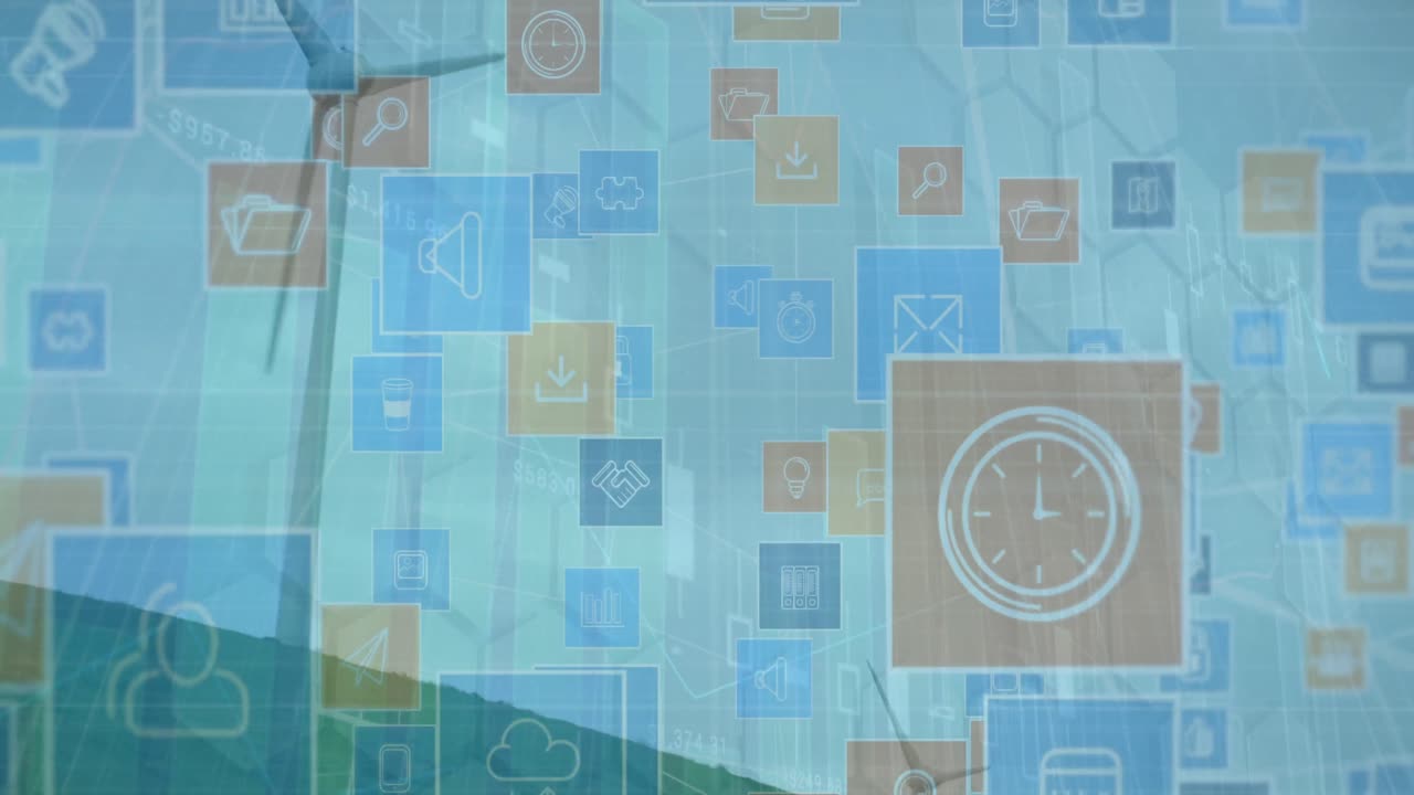 아이콘의 애니메이션 및 풍력 터빈을 통해 금융 데이터 처리