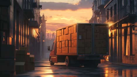 delivery truck in a city street at sunset