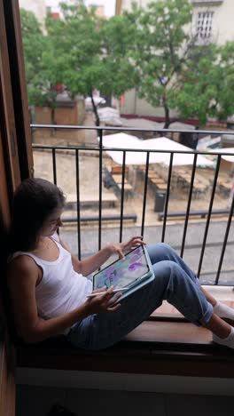 woman drawing on tablet on a balcony on a rainy day