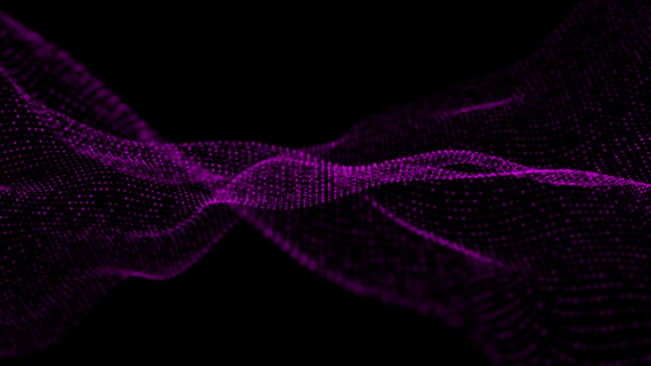 4K, Data movements of dust particles floating in infinity, Seamless Loop. Technology digital wave background concept.Beautiful motion waving dots texture with glowing defocused particles. Cyber or technology background. Pink Color