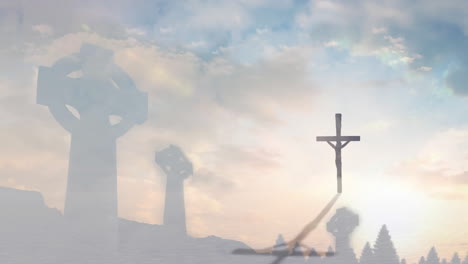 silhouetted crosses and trees against cloudy sky during sunrise animation