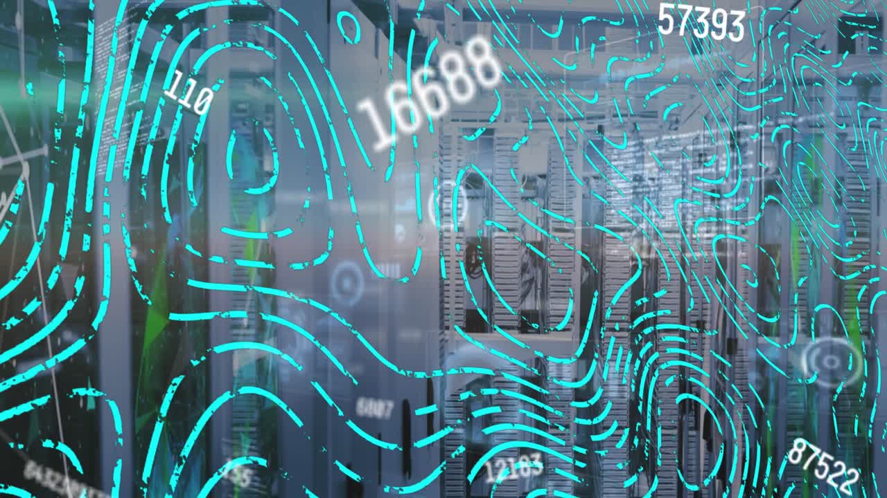 Animation of changing numbers and abstract pattern over server room in background