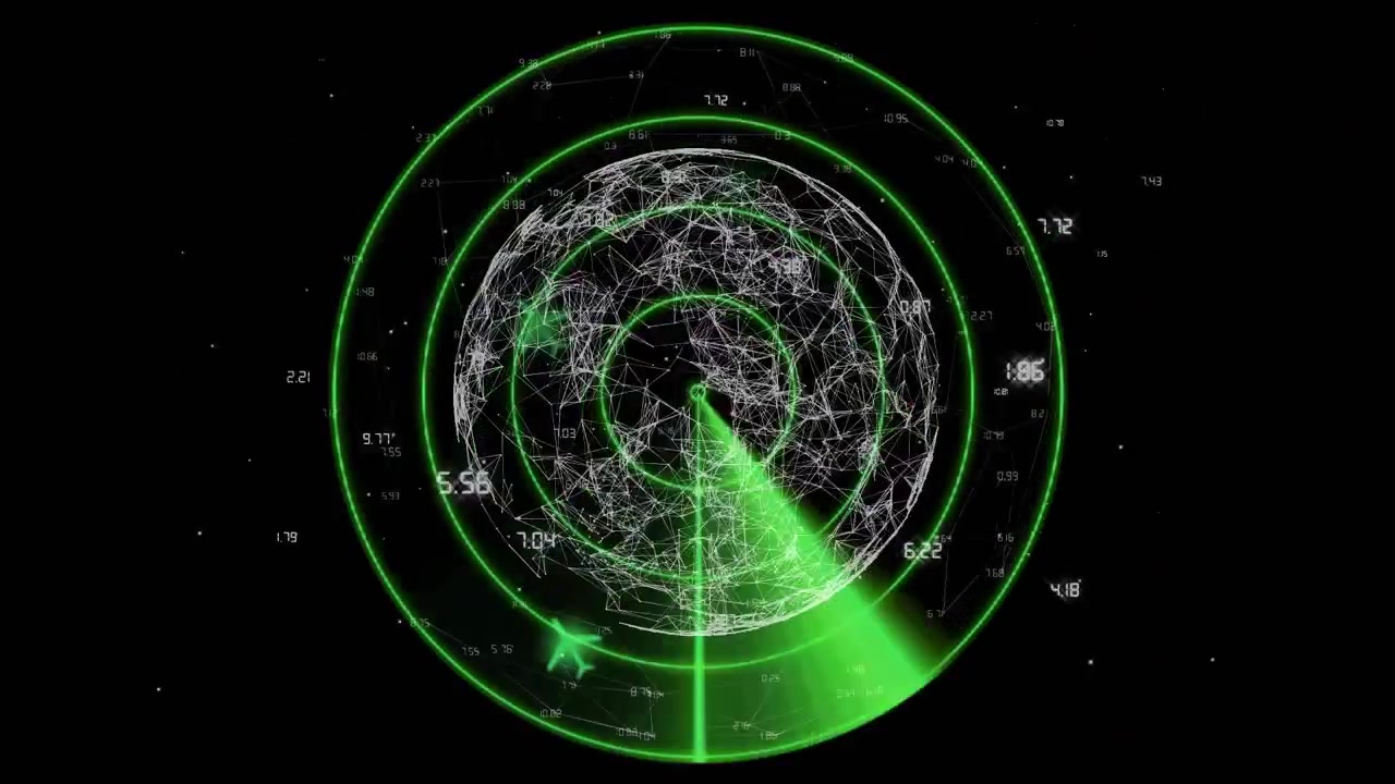 Scansione radar che ruota in senso orario dall'angolo in alto a sinistra, formando una griglia e rivelando segnali per la mappatura.