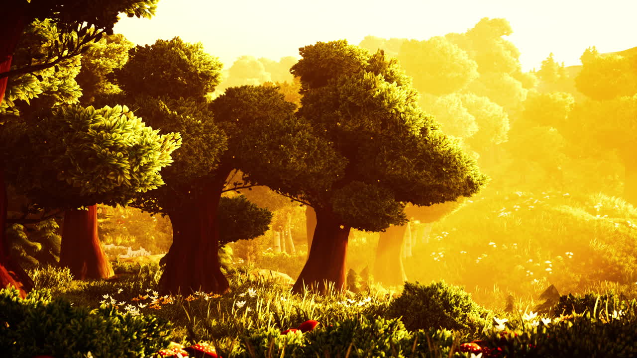 만화의  ⁇ 빛이 나무들을 가로질러 흐르고 있습니다.