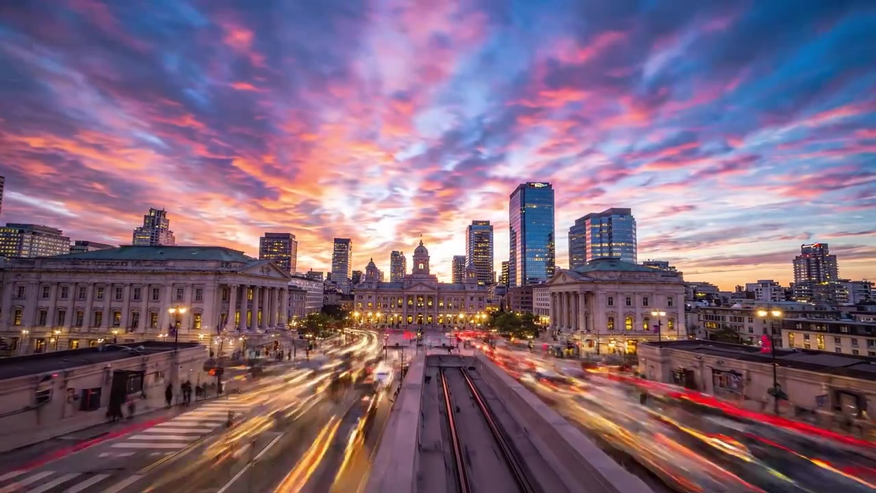 Stunning Cityscape at Dusk and Dawn Showcasing Vibrant Urban Life with Dramatic Skies and Illuminated Buildings, Capturing the Essence of Modern Architecture