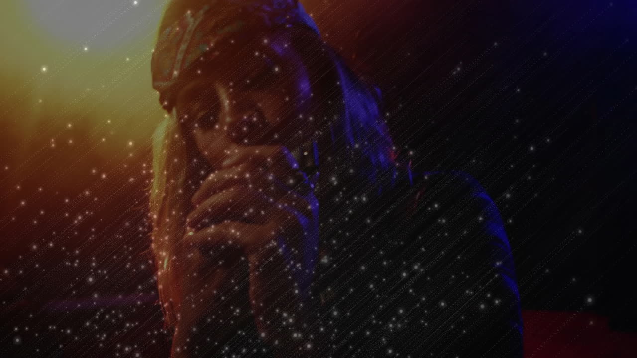 woman holding mug, particles drifting around face, light shifting orange blue for marketing