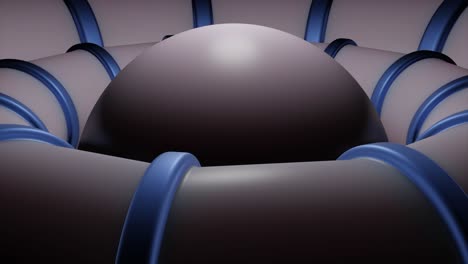 renderizado en 3d de una esfera rodeada de formas abstractas azules y grises