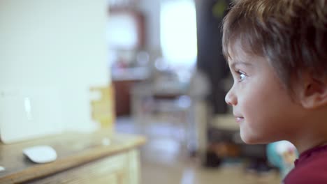 primer plano de un niño caucásico mirando una pantalla de computadora, durante el bloqueo del coronavirus