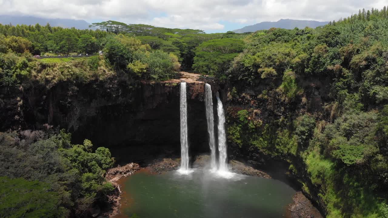 Version Three. Aerial Orbit of Wailua Falls and Wailua State Park, Surrounded by Forest Jungle and Trees.