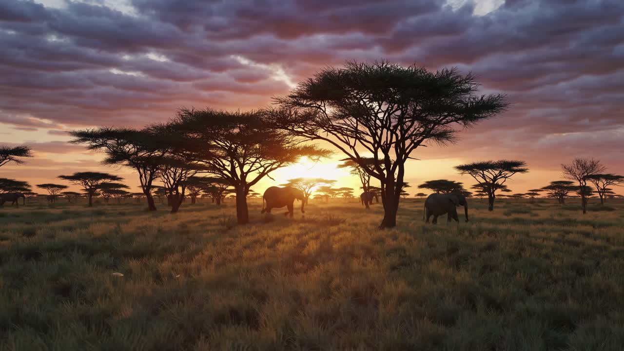 Ein atemberaubendes Sonnenuntergangs-Video fängt ein, wie Elefanten in einer Savanne grasen