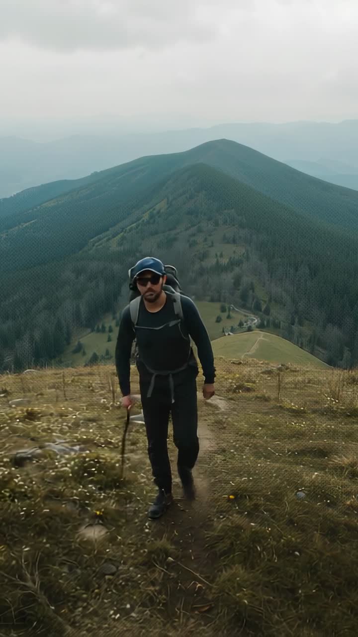 Video verticale: escursionista che cammina partendo dalla cima della cresta verso l'obiettivo, passando a sinistra con bastoncino e cappello