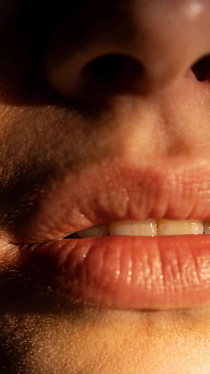 Vertical video: Parting lips, mouth pressing top lip, closing, hiding teeth in dim room