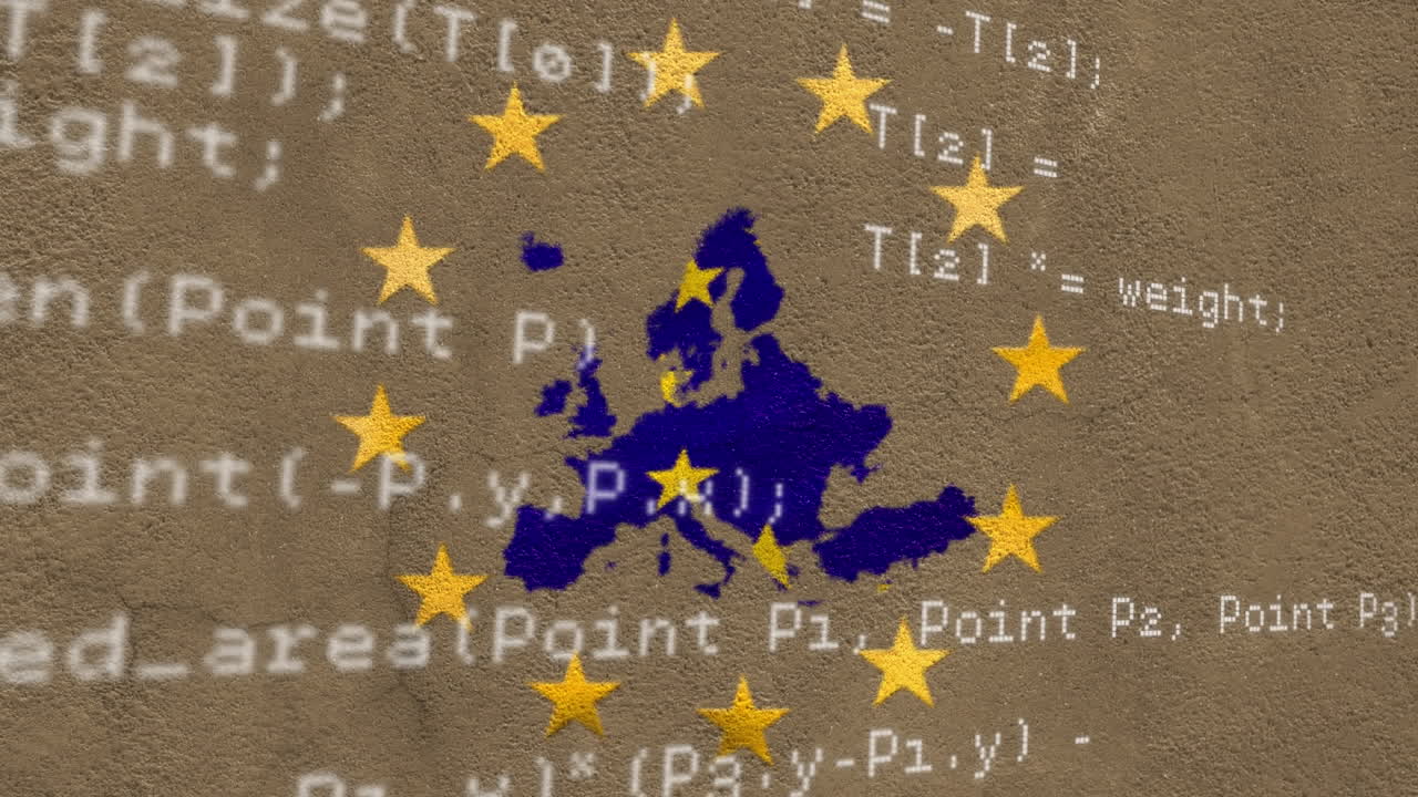 Stelle gialle che ruotano su elaborazione dati su mappa dell'UE.