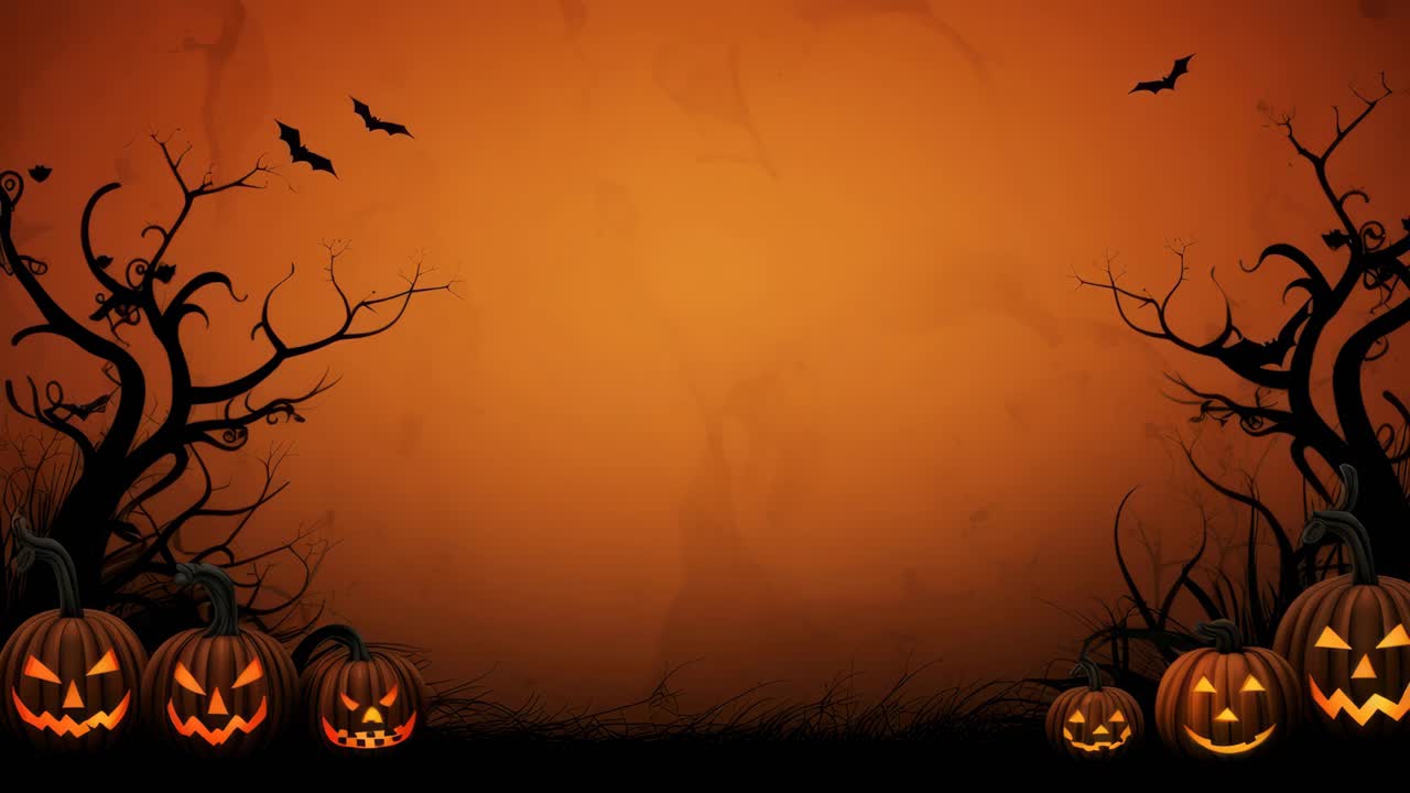 Spooky Halloween scene with carved pumpkins and twisted trees, captured from a straight-on angle