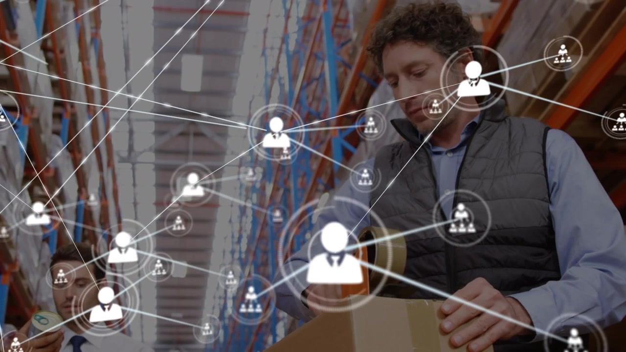 Animazione di una rete di connessioni con icone sovrapposte a diversi lavoratori in magazzino.