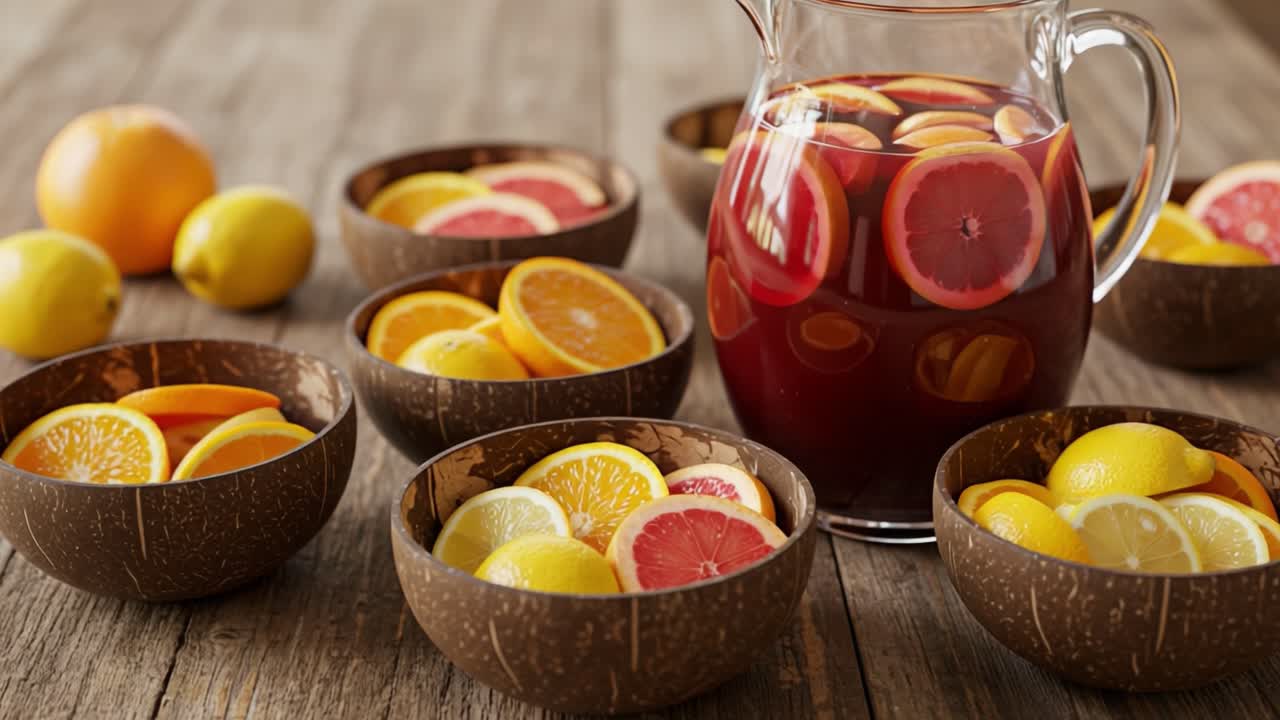 A Refreshing Display of Citrus Fruits and Vibrant Lemonade in Coconut Bowls on a Rustic Wooden Table, Perfect for Summer Gatherings and Celebrations