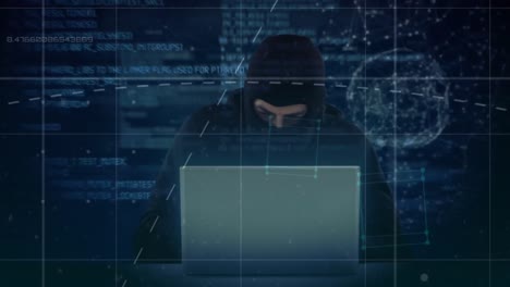 animación del procesamiento de datos e información sobre un hacker enmascarado usando una computadora portátil sobre un fondo oscuro