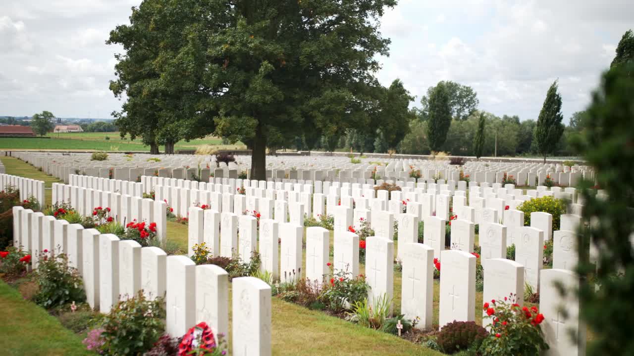 Headstones at a War Memorial Cemetery amongst a beautiful Green Garden with Red Roses in Ypres Beglium, sliding handheld shot.