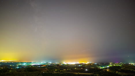 Zeitraffer-Der-Milchstraße-über-Der-Lichtverschmutzten-Stadt-Malaga-In-Spanien