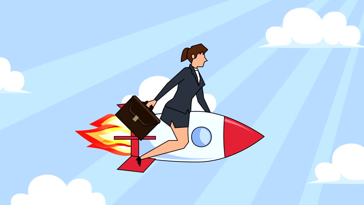 Flat cartoon businesswoman character with case bag  fly on rocket startup concept animation
