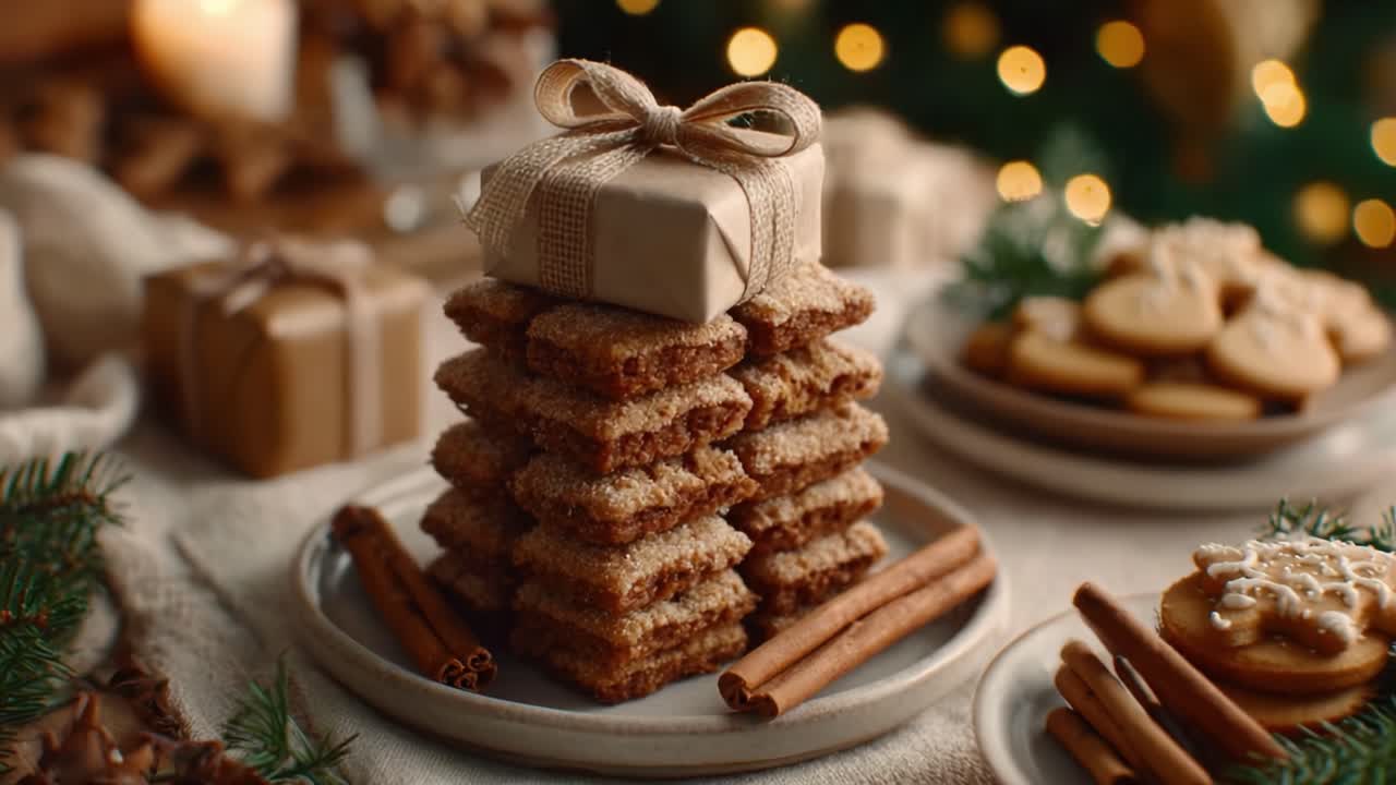Köstlich angerichtete Weihnachtsleckereien mit Zimtstangen und festlicher Verpackung, perfekt in Szene gesetzt vor einem gemütlichen Hintergrund aus Weihnachtslichtern und Dekorationen