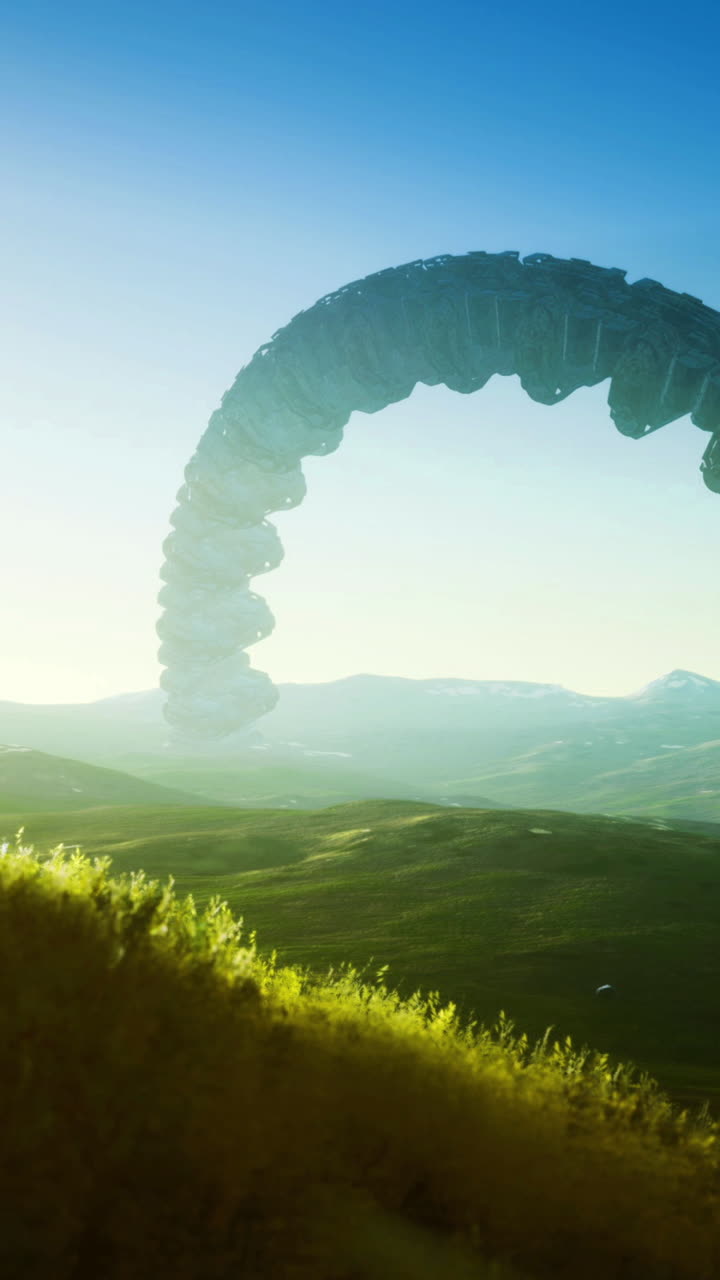 Mysterious alien vessel hovers above serene green landscape at dawn