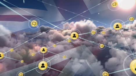 Animation-of-people-and-message-icons-connecting-with-lines-over-flag-of-united-kingdom-and-clouds