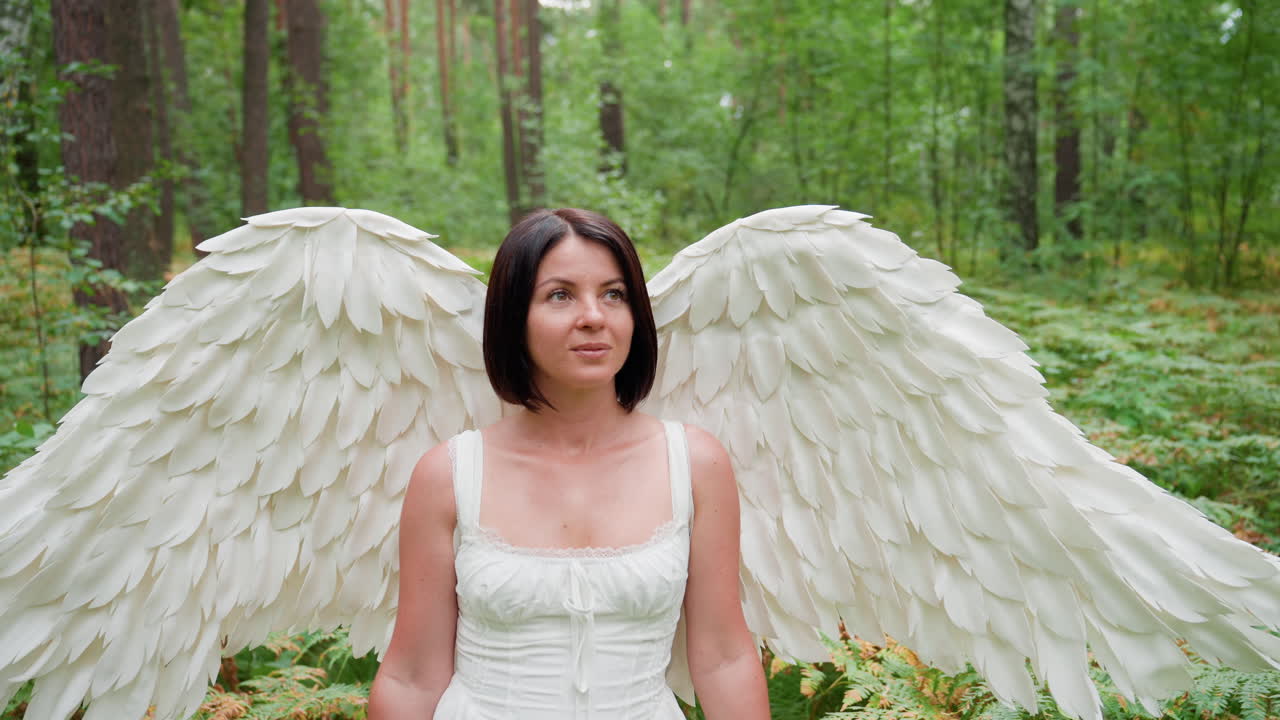 Giovane donna vestita da angelo con grandi ali bianche in piedi con calma in una radura boschiva, incorniciata da alberi verdi, con un'espressione serena e un sorriso dolce, immobile e con una delicata presenza nella foresta