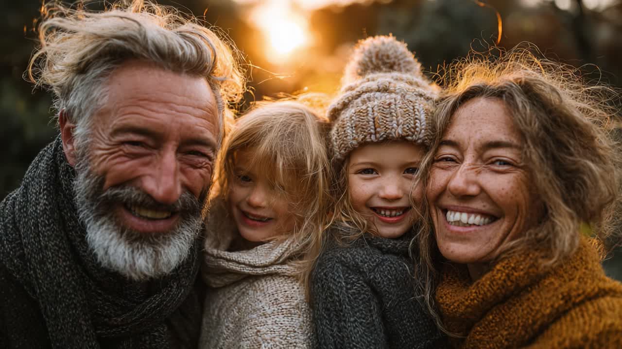 Et glædeligt familiebillede fanget ved solnedgang, der viser generationernes varme og forbindelse med strålende smil og en levende naturlig baggrund.