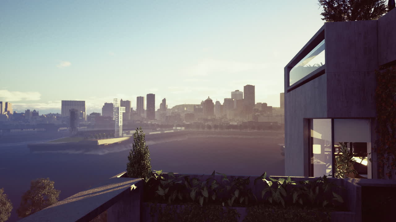 Modern city skyline at sunset viewed from a contemporary balcony space