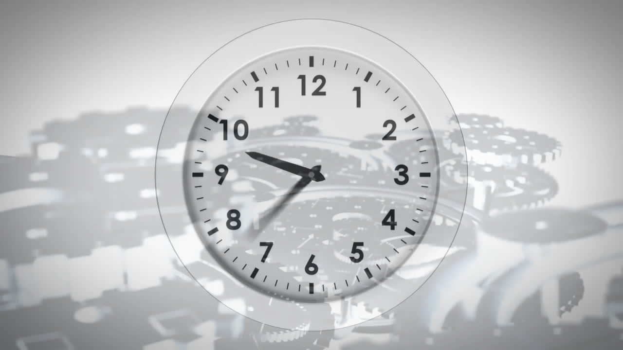 Animation of moving clock cog wheels on white background
