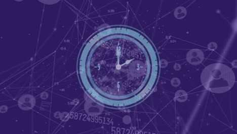 Animation-of-clock-over-data-processing-on-purple-background