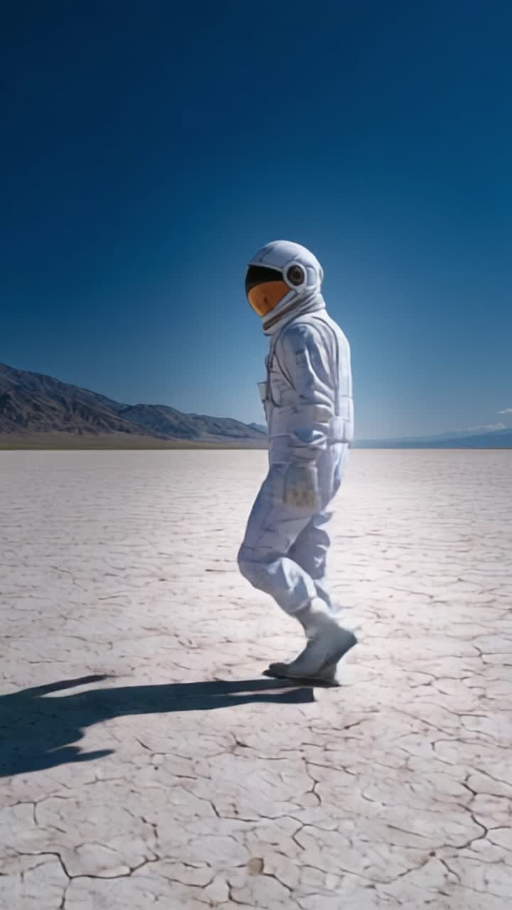 Un astronauta cammina attraverso un paesaggio arido e crepato sotto un cielo azzurro limpido, evocando un senso di esplorazione e isolamento in un ambiente desolato.