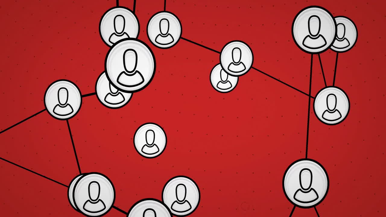 Animation of connected user icons forming network on red background with dots