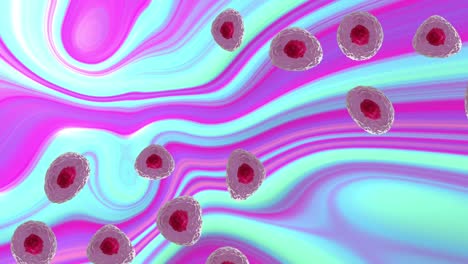 Animation-of-micro-of-red-and-pink-cells-over-blue-and-purple-background