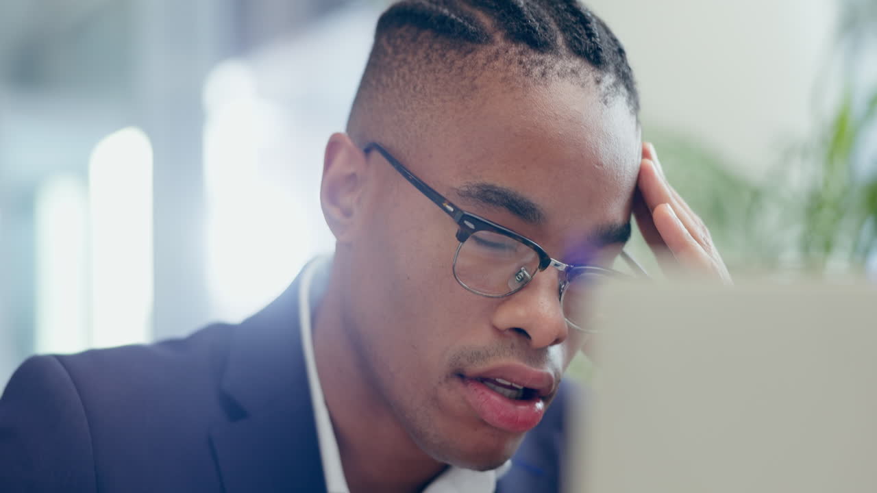 Business man, computer and headache