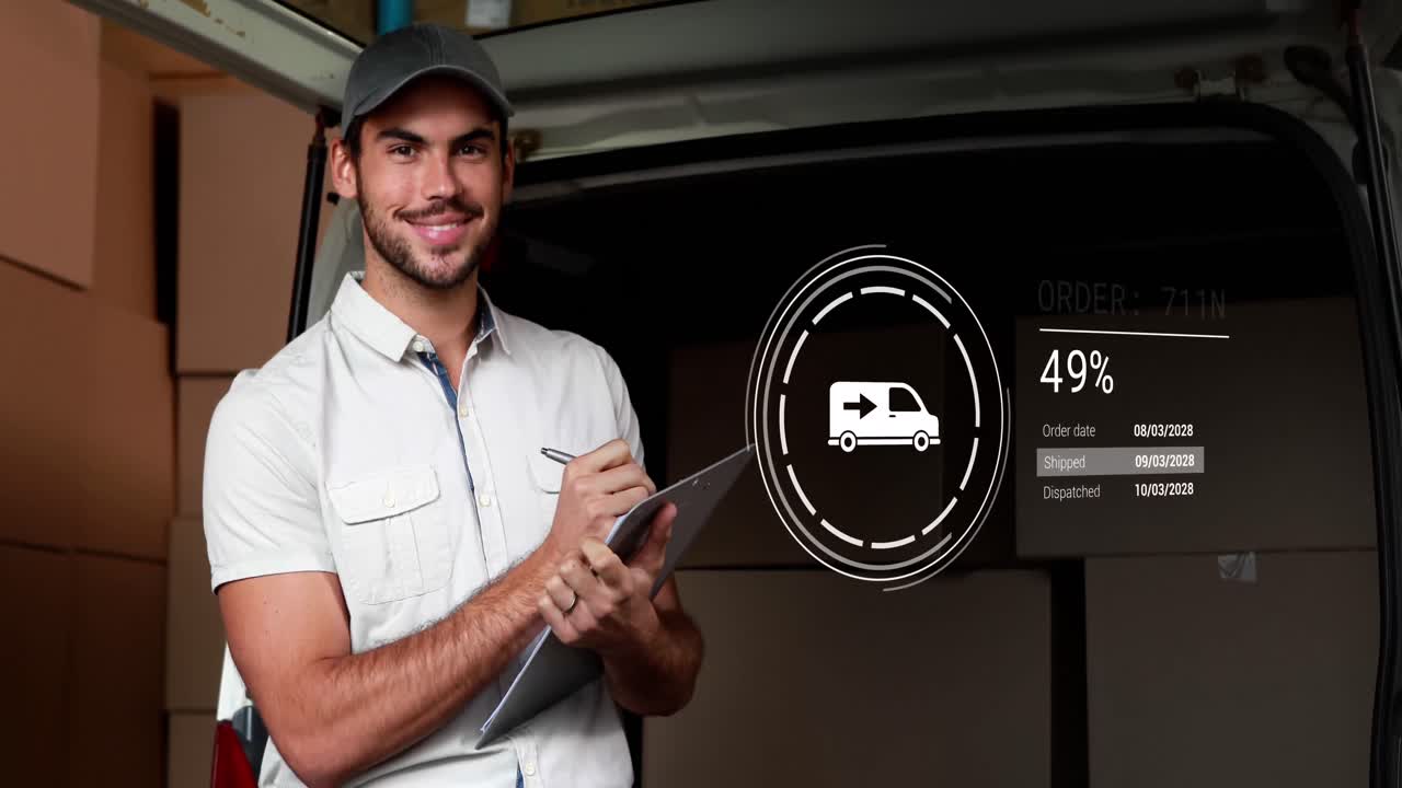 animación de iconos con procesamiento de datos sobre el repartidor caucásico tomando notas