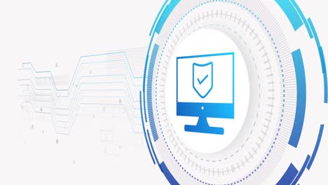 animation of network of connections and computer with shield on white background