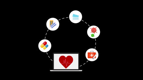 Ein-Laptop-Bildschirm,-Umgeben-Von-Medizinischen-Symbolen,-Digitale-Gesundheit,-Digitale-Medizinische-Geräte,-Gesundheitswesen,-Konzeptanimation-Mit-Alphakanal