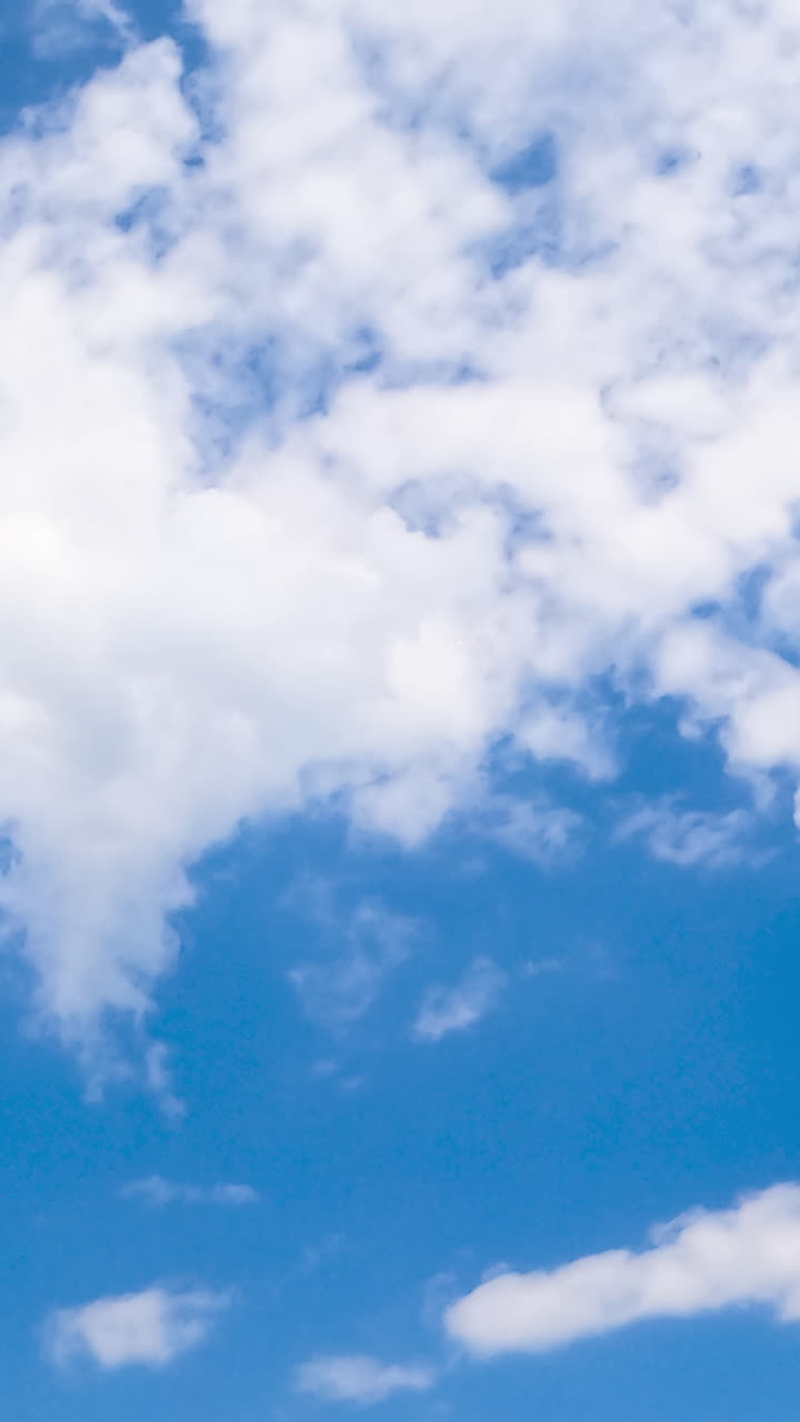 Transforming white clouds in the light blue sky. Summer skies from low angle view. Timelapse. Vertical video