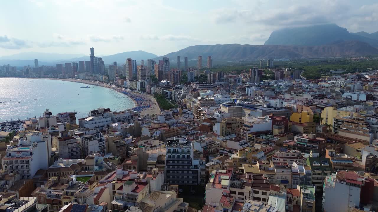 Benidorm city skyline aerial drone Poniente Beach Spain Costa Blanca holiday destination