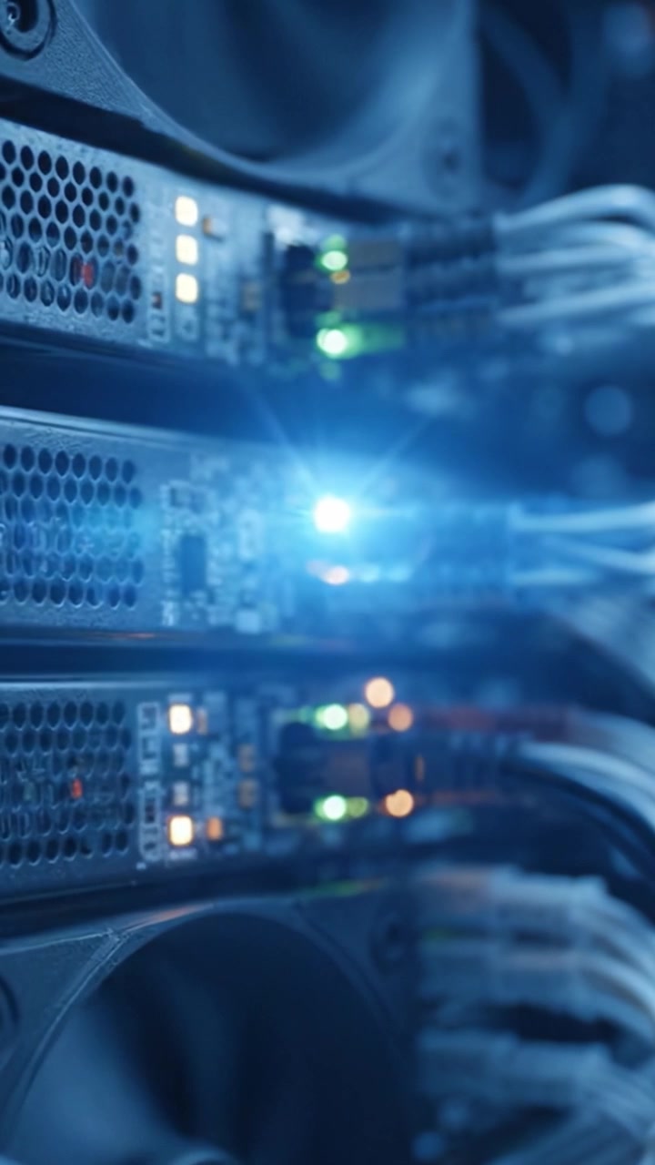 Close-Up Views of High-Performance Server Components Highlighting Network Connections and Data Processing in a Modern Data Center Environment