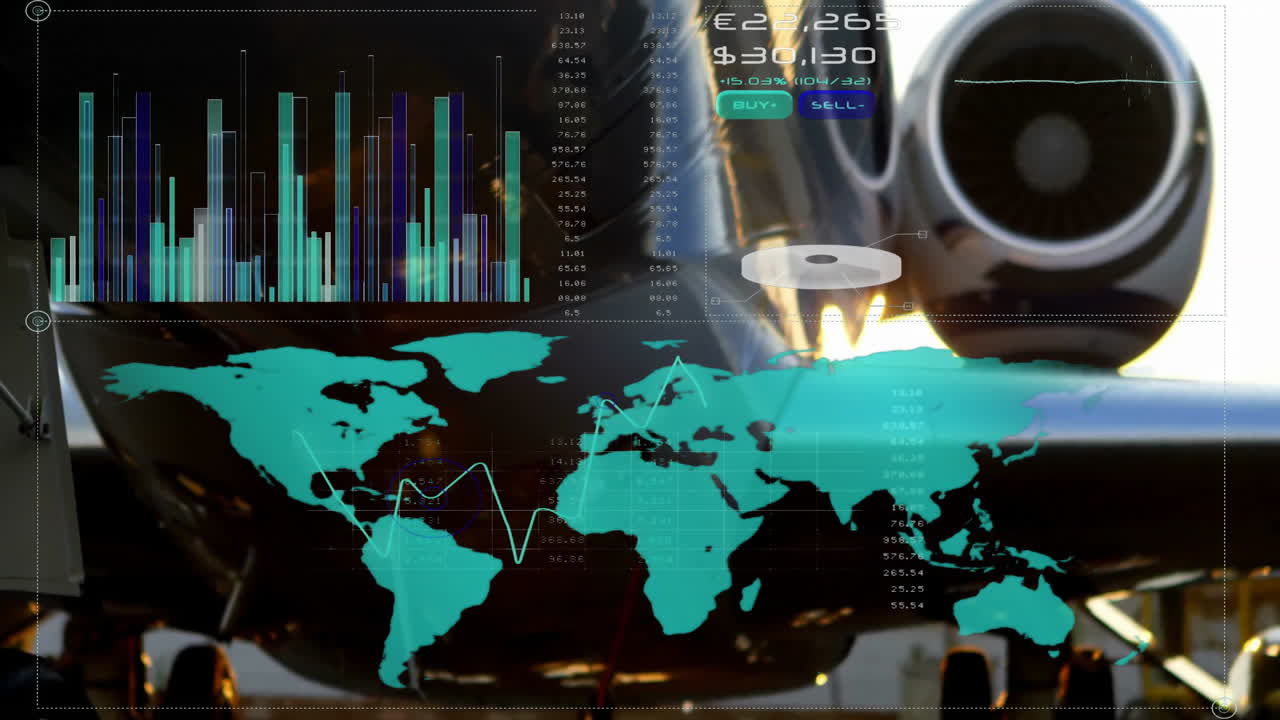 World map and financial data processing animation over airplane engine background
