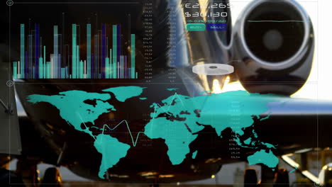 mapa del mundo y animación de procesamiento de datos financieros sobre el fondo del motor del avión