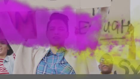 animation of purple and yellow smoke trails over biracial woman holding sign at protest