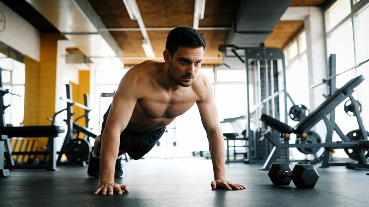 Performing shirtless man doing pushups from high-plank on gym floor, training with hex dumbbells