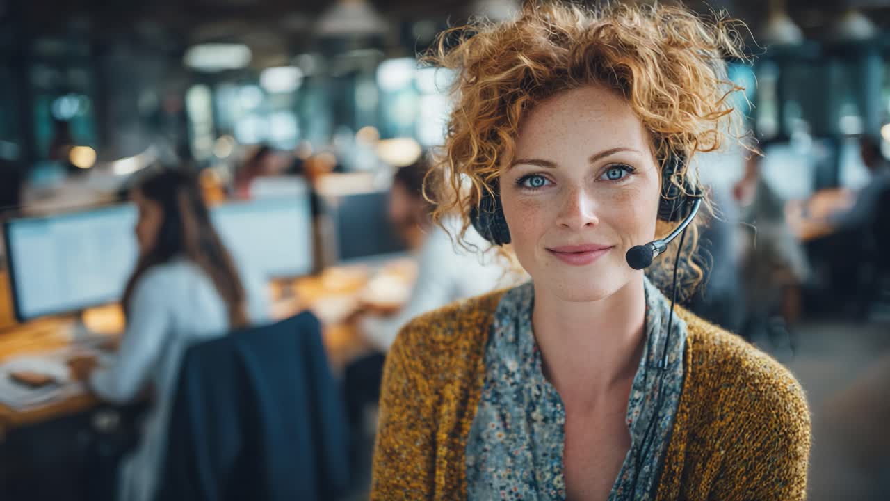 Cheerful Customer Service Representative in a Modern Office Setting Interacting With Colleagues and Clients, Showcasing the Importance of Communication and Support