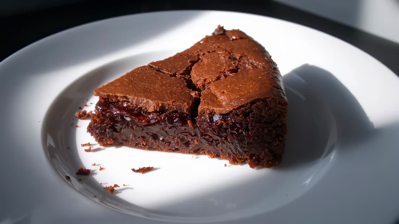 Plan rapproché de la caméra révélant une part de brownie pour montrer une texture brillante sur une assiette blanche ensoleillée avec des miettes