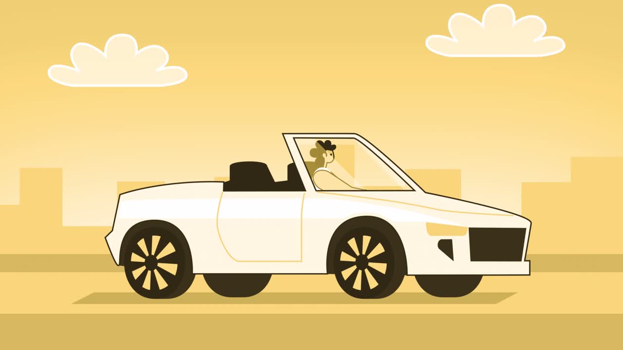 노란색 스타일의 여성 평평한 캐릭터가 색 컨버터블 자동차를 운전합니다. 알파 채널과 함께 고립된 루프 애니메이션